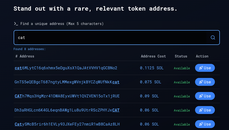 Search interface showing vanity address options